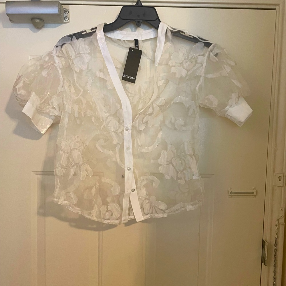 Golden Days Paris sheer button front blouse with gold floral details